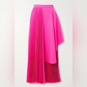 Christopher John Rogers Asymmetric Pleated Neon Wool Blend Skirt in Bright Pink